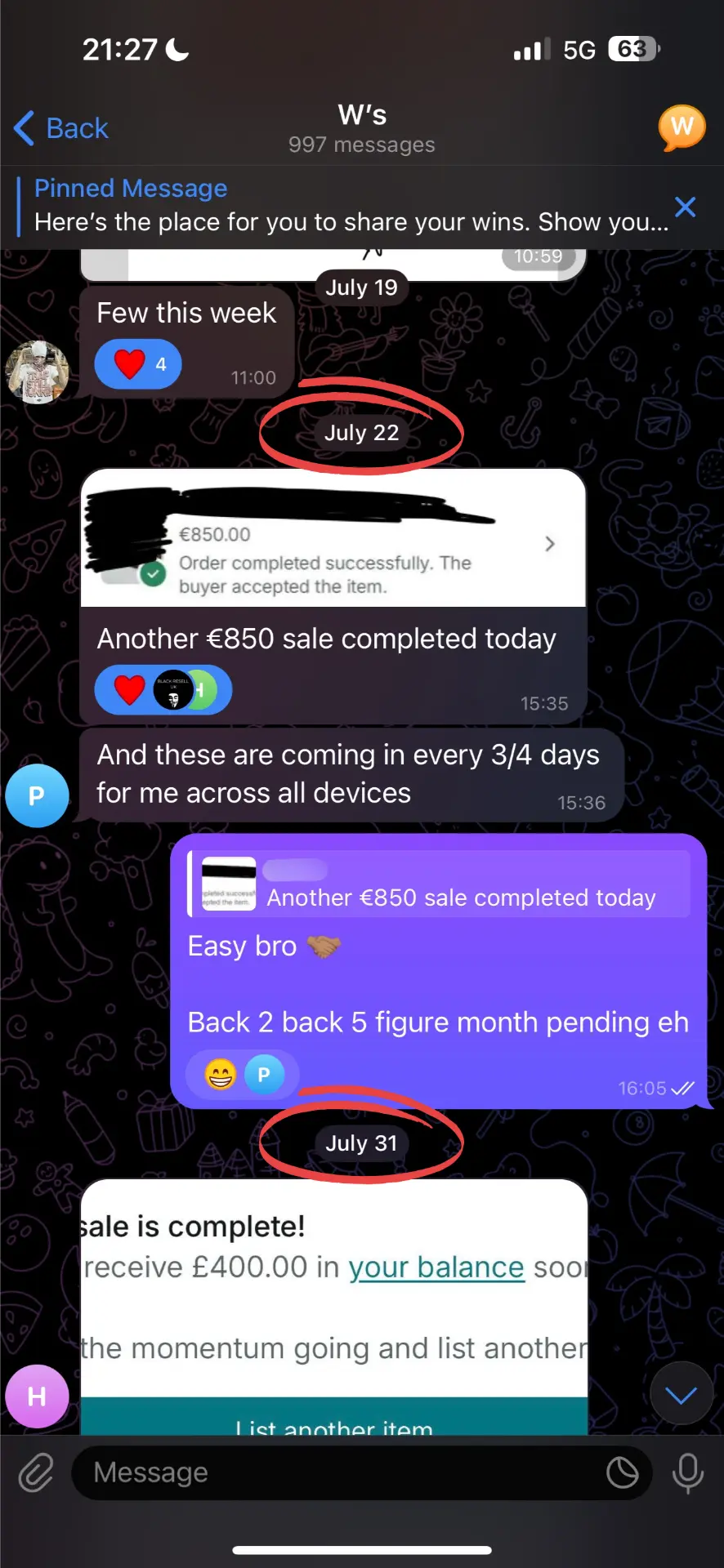 Telegram group chat with members sharing sale screenshots
