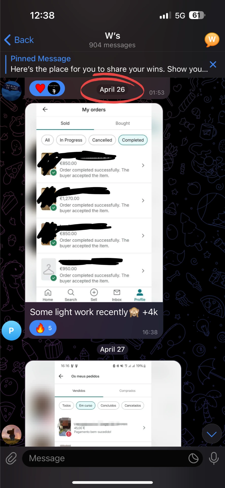 Telegram message sharing completed Vinted sales totalling over €3,900