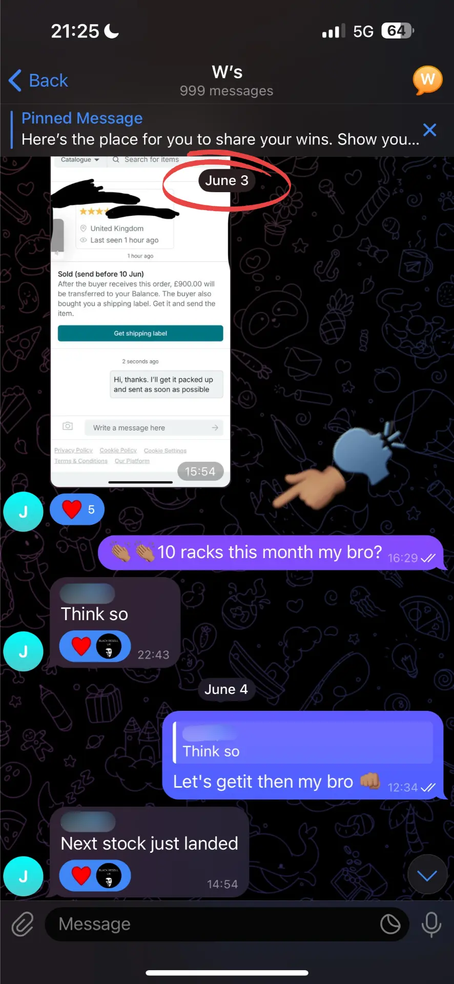 Telegram message sharing a £900 Vinted sale