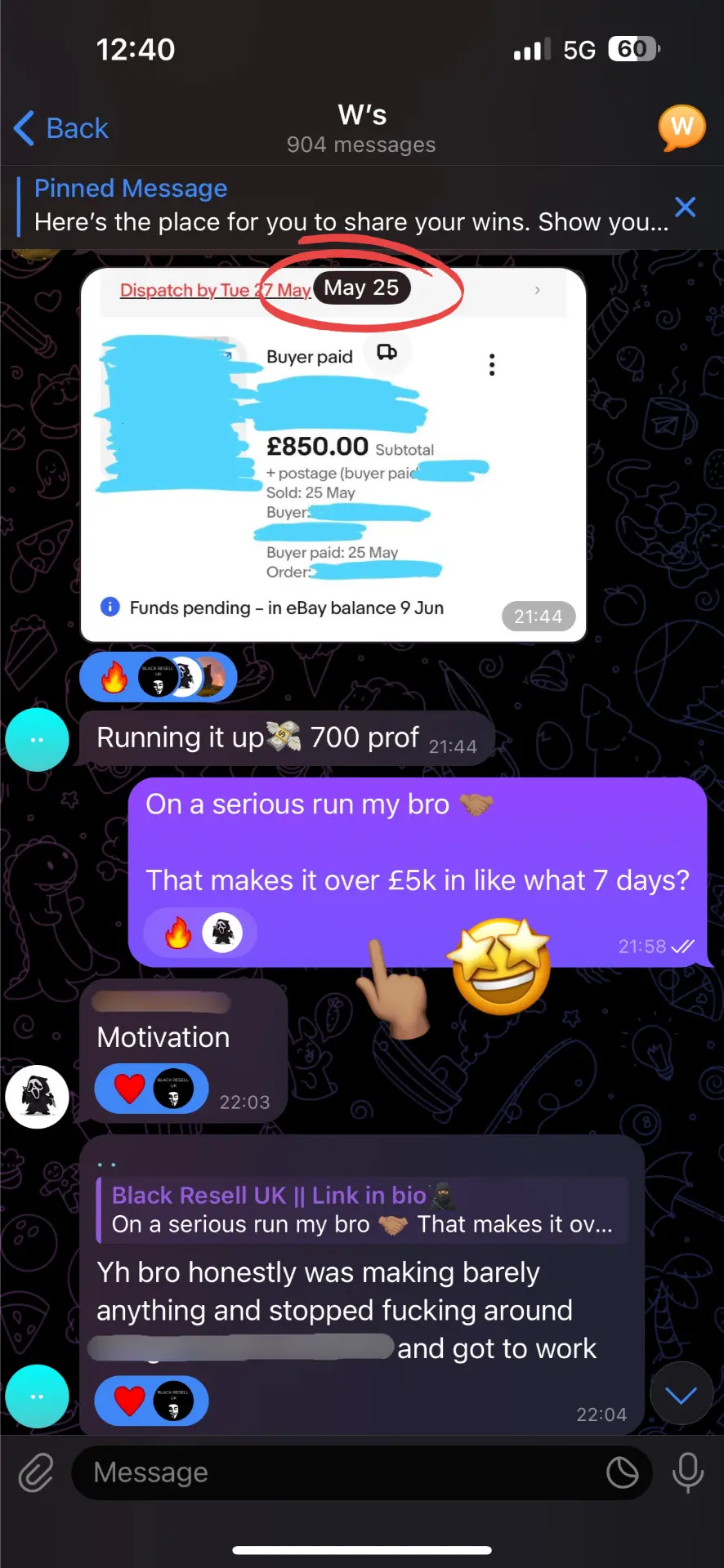 Telegram message sharing an eBay order