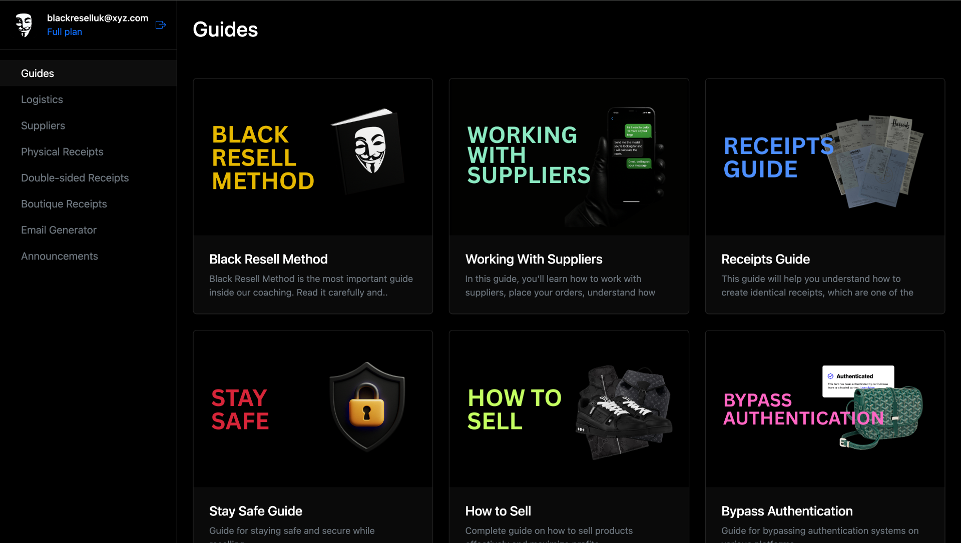 Members dashboard showing all guides