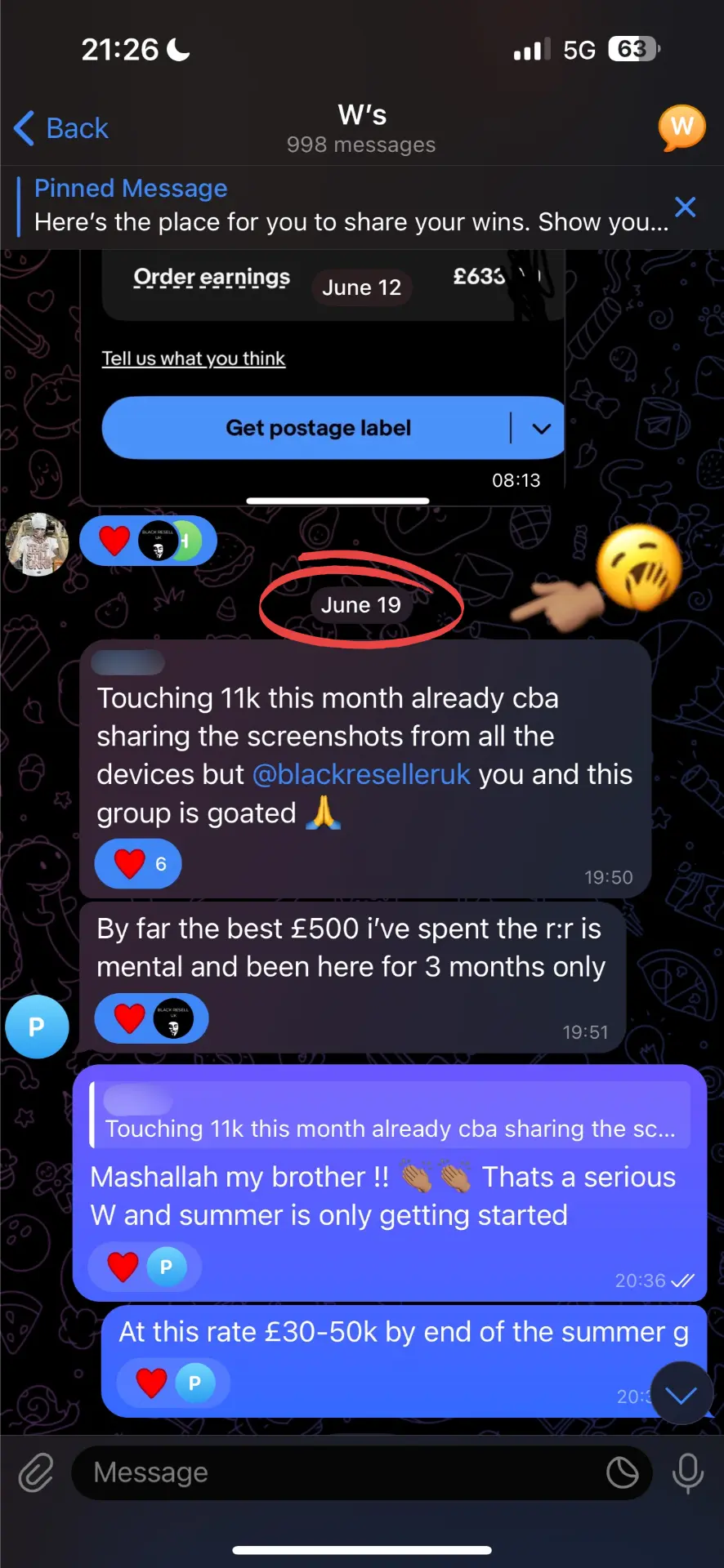 Telegram message about reaching £11k in monthly earnings